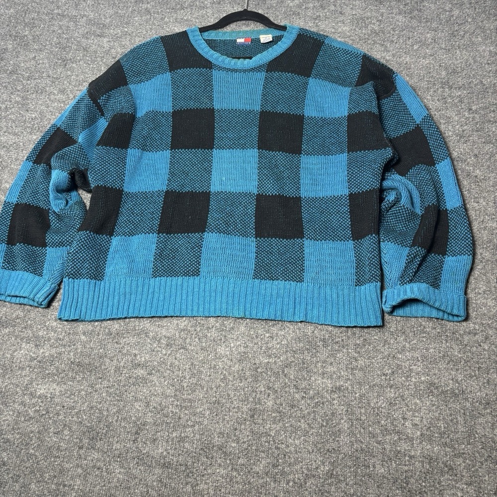 Vintage Tommy Hilfiger Sweater Mens XL Blue Black Buffalo Plaid Linen Cotton